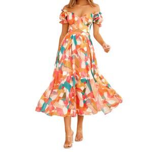 Sage + Paige Dress size 8 Fresh Start Midi Off Shoulder Flowy Chiffon